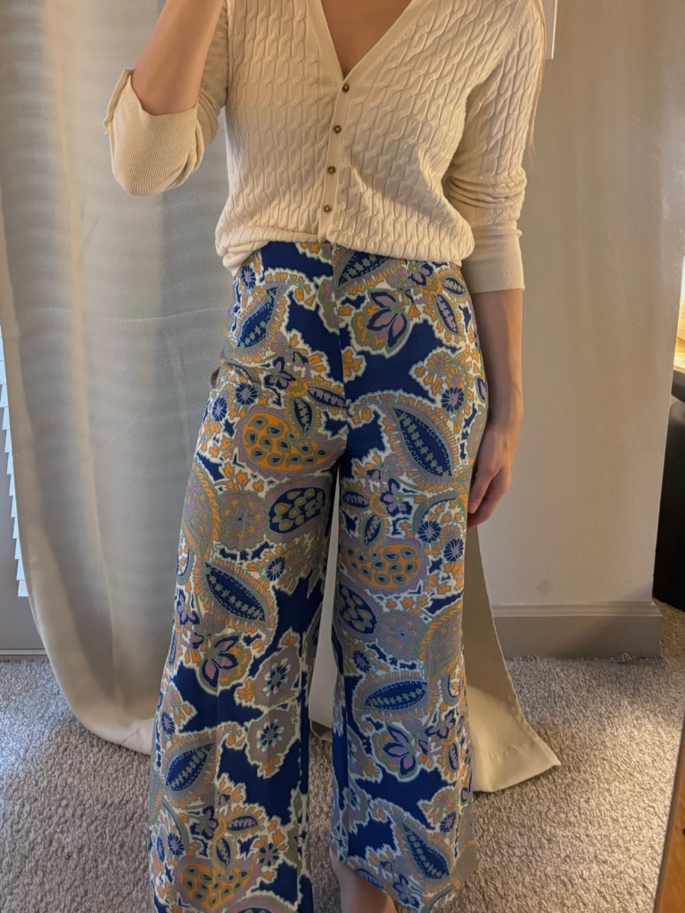 Wide-Leg Paisley Print Pants in Blue and Cream
